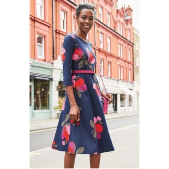 Boden Irene Ponte Dress Navy Blue Pink Red Floral Knee Length 3/4 Sleeve Preppy - Picture 2 of 10